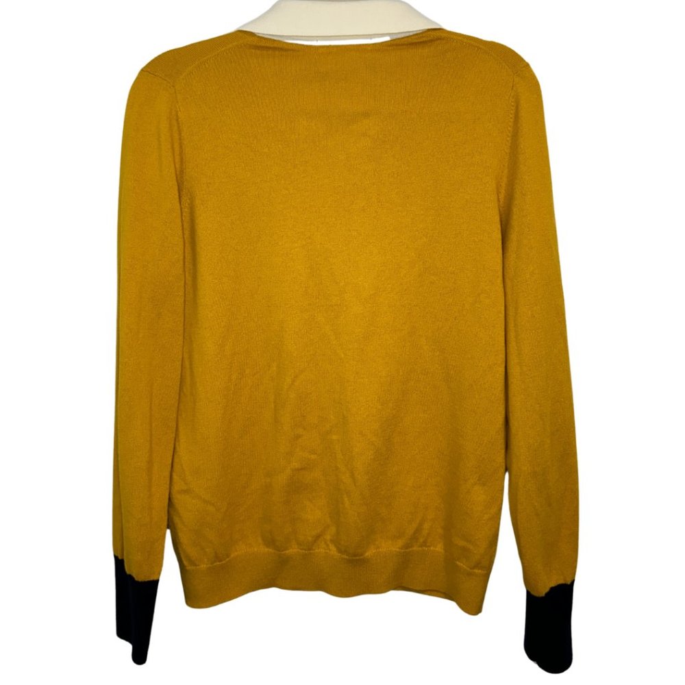 Boden Mustard V-Neck Sweater with Pink and Black Accents - Picture 3 of 6